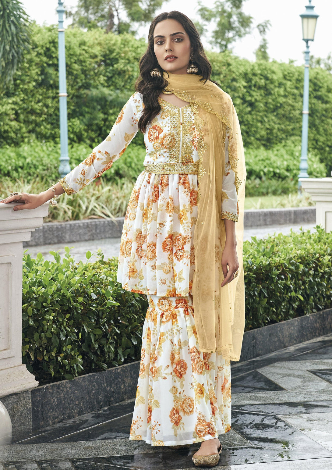 Off White Floral Printed Festive Wear Georgette Sharara Suit - Indiakreations