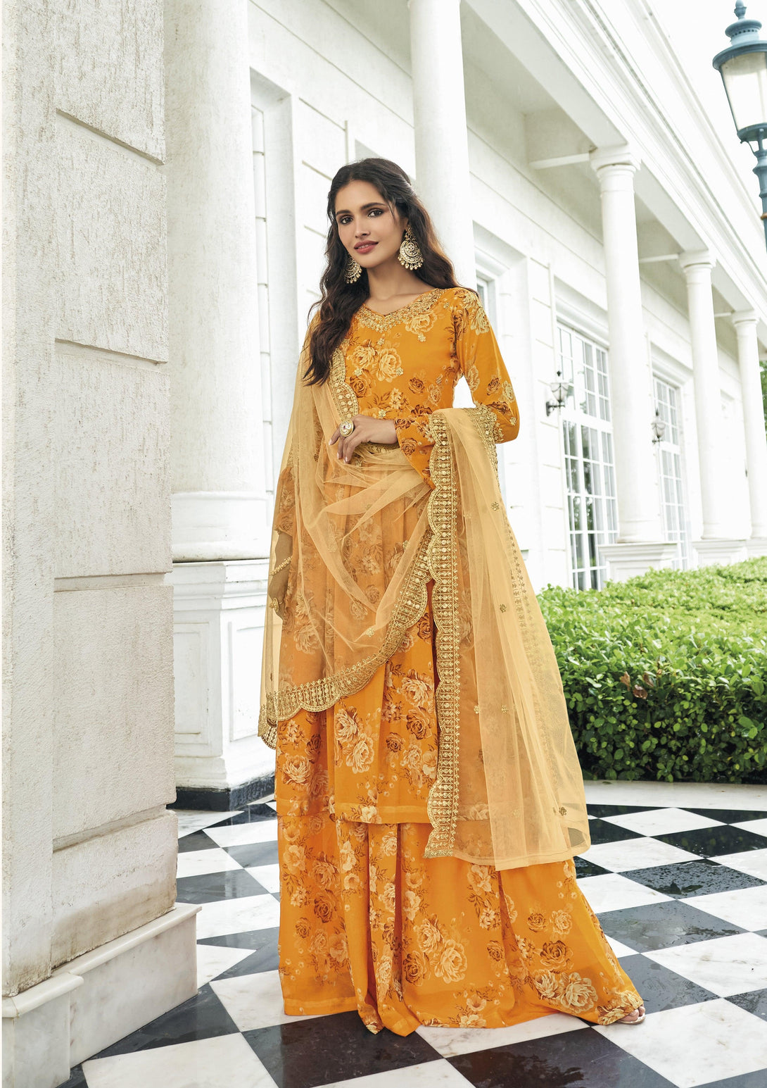 Pure Georgette Embroidered Sharara Suit In Orange - Indiakreations