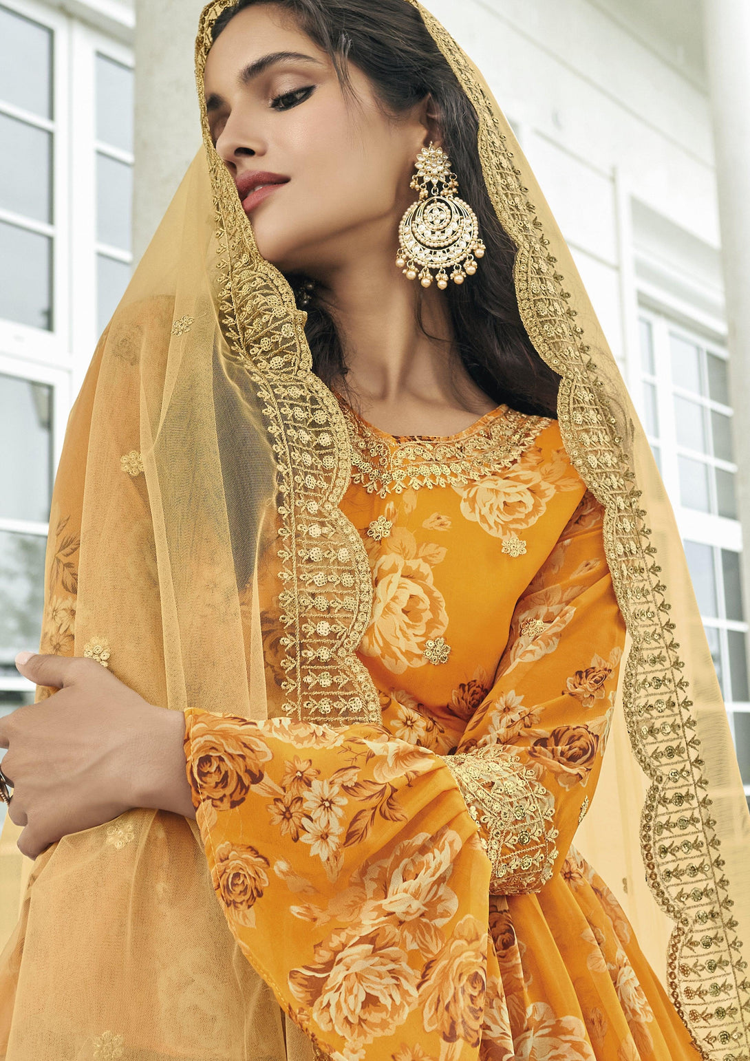 Pure Georgette Embroidered Sharara Suit In Orange - Indiakreations