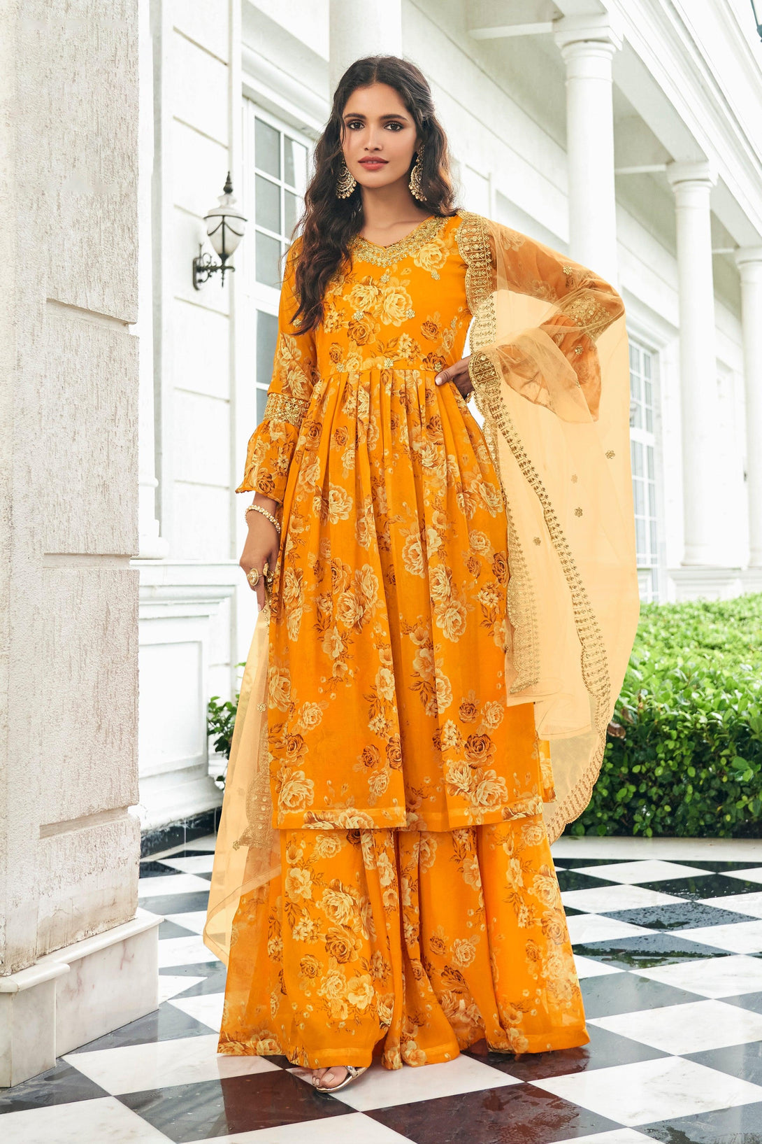 Pure Georgette Embroidered Sharara Suit In Orange - Indiakreations