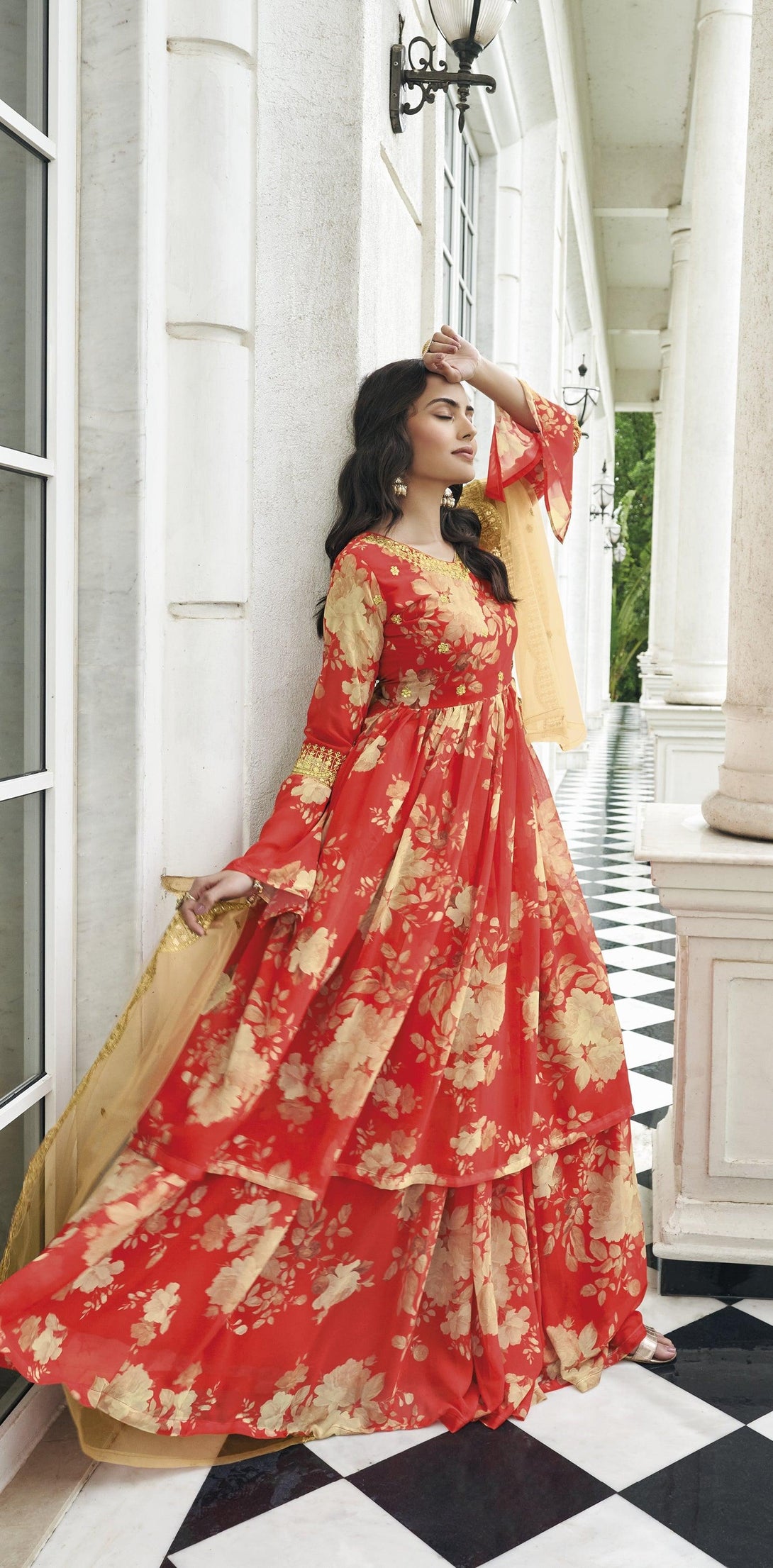Designer Red Floral Print Georgette Sharara Suit - Indiakreations