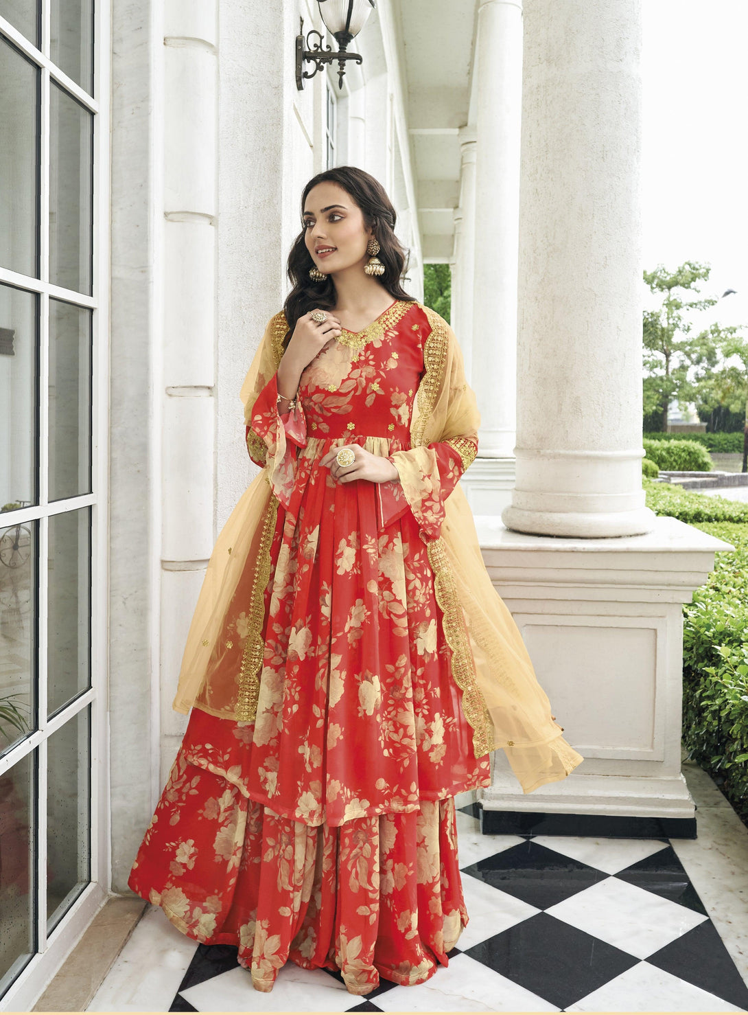 Designer Red Floral Print Georgette Sharara Suit - Indiakreations