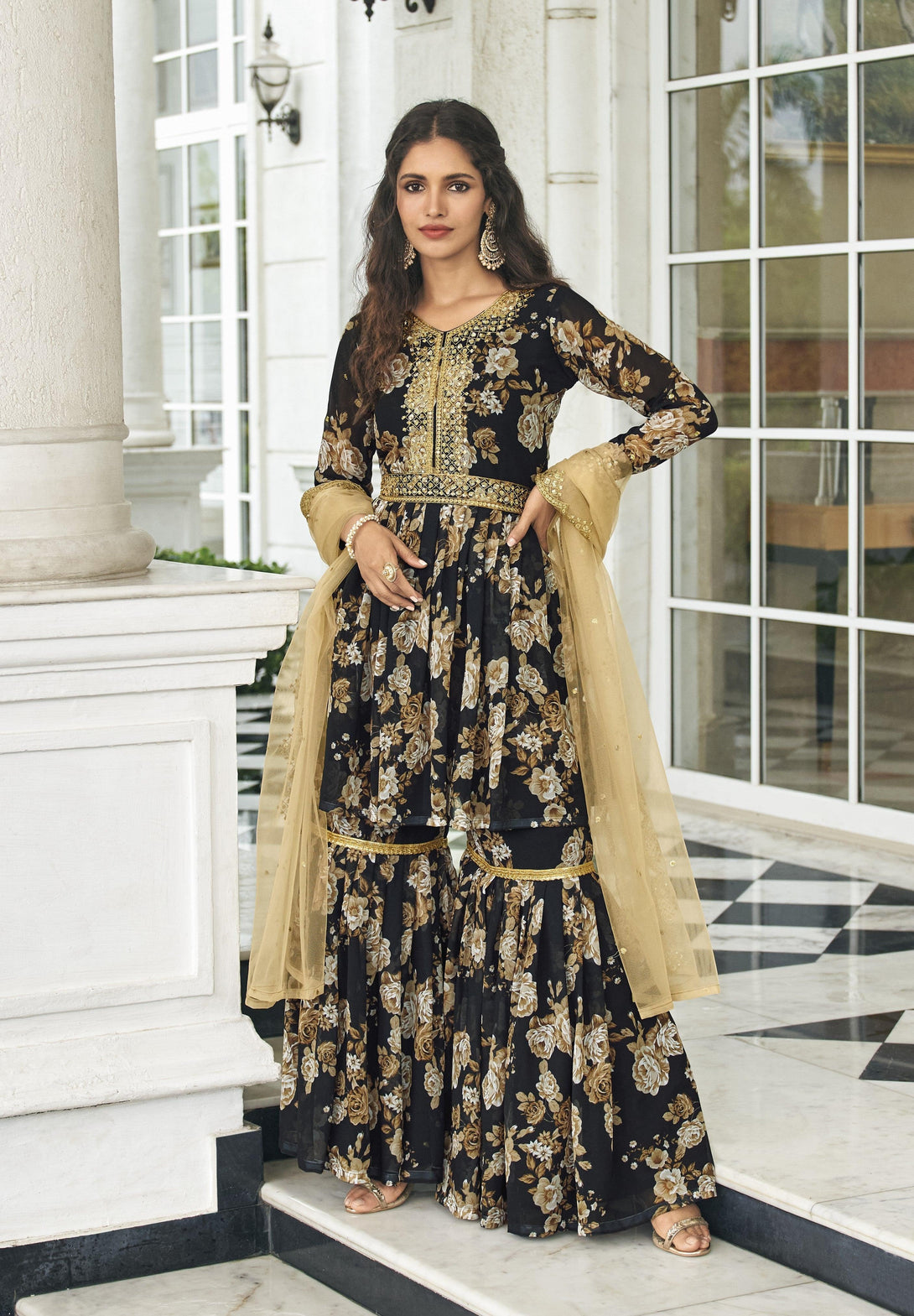 Pure Georgette Floral Printed Sharara Suit In Black - Indiakreations