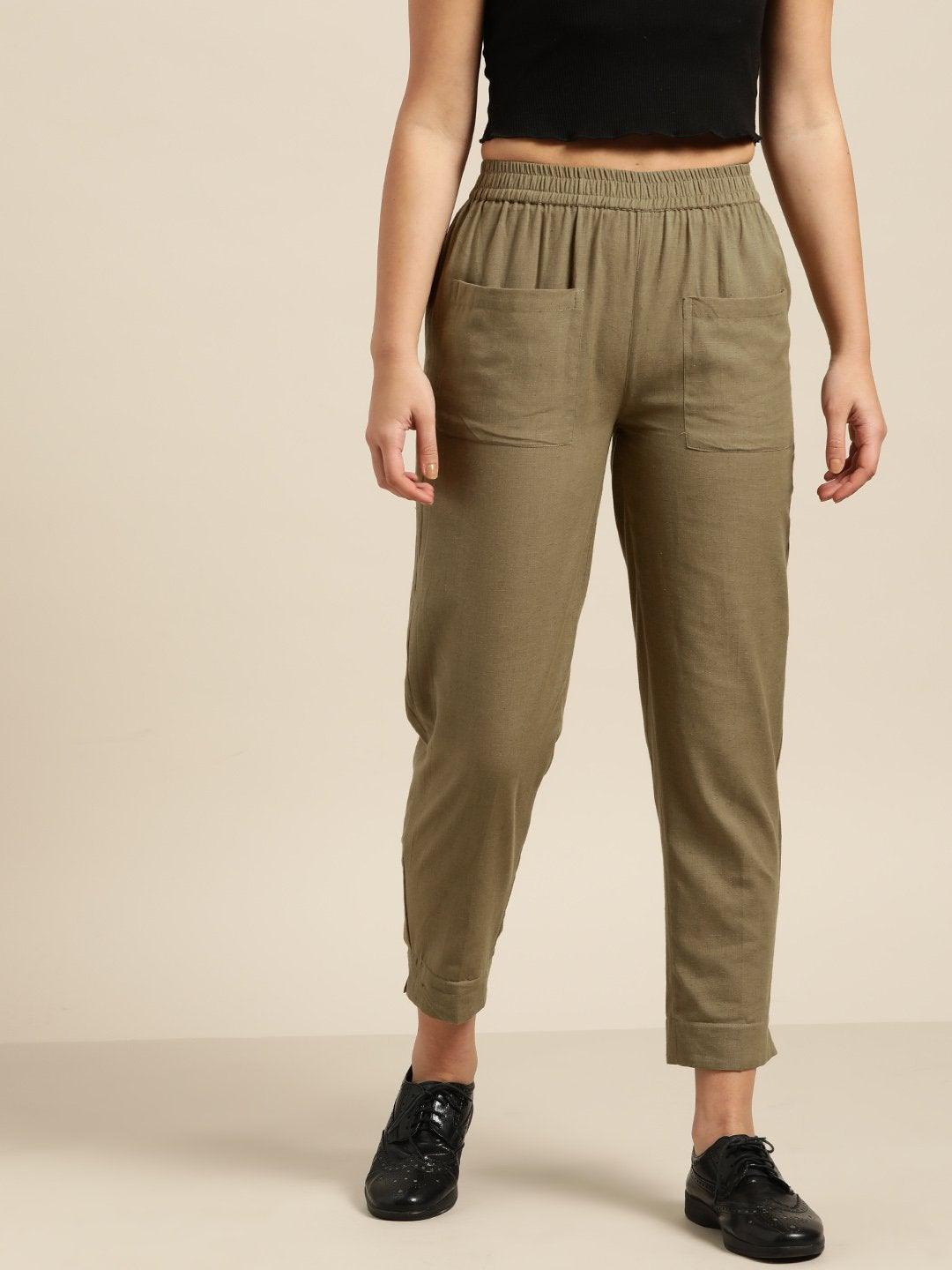 Women's Olive Patch Pocket Pants - SASSAFRAS - Indiakreations