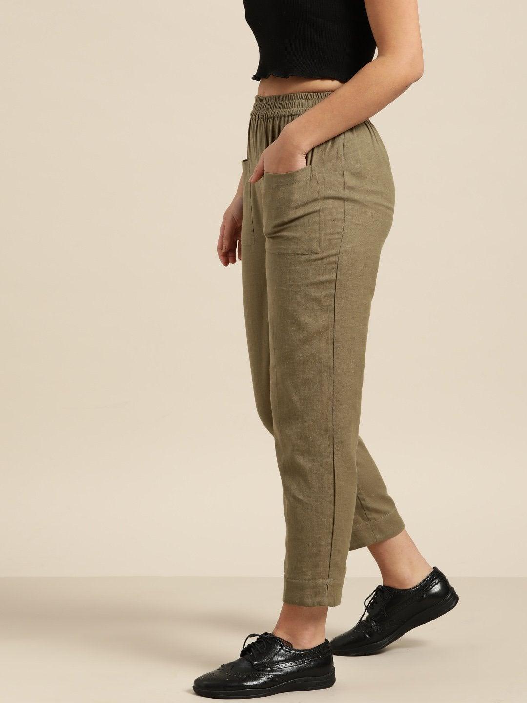 Women's Olive Patch Pocket Pants - SASSAFRAS - Indiakreations