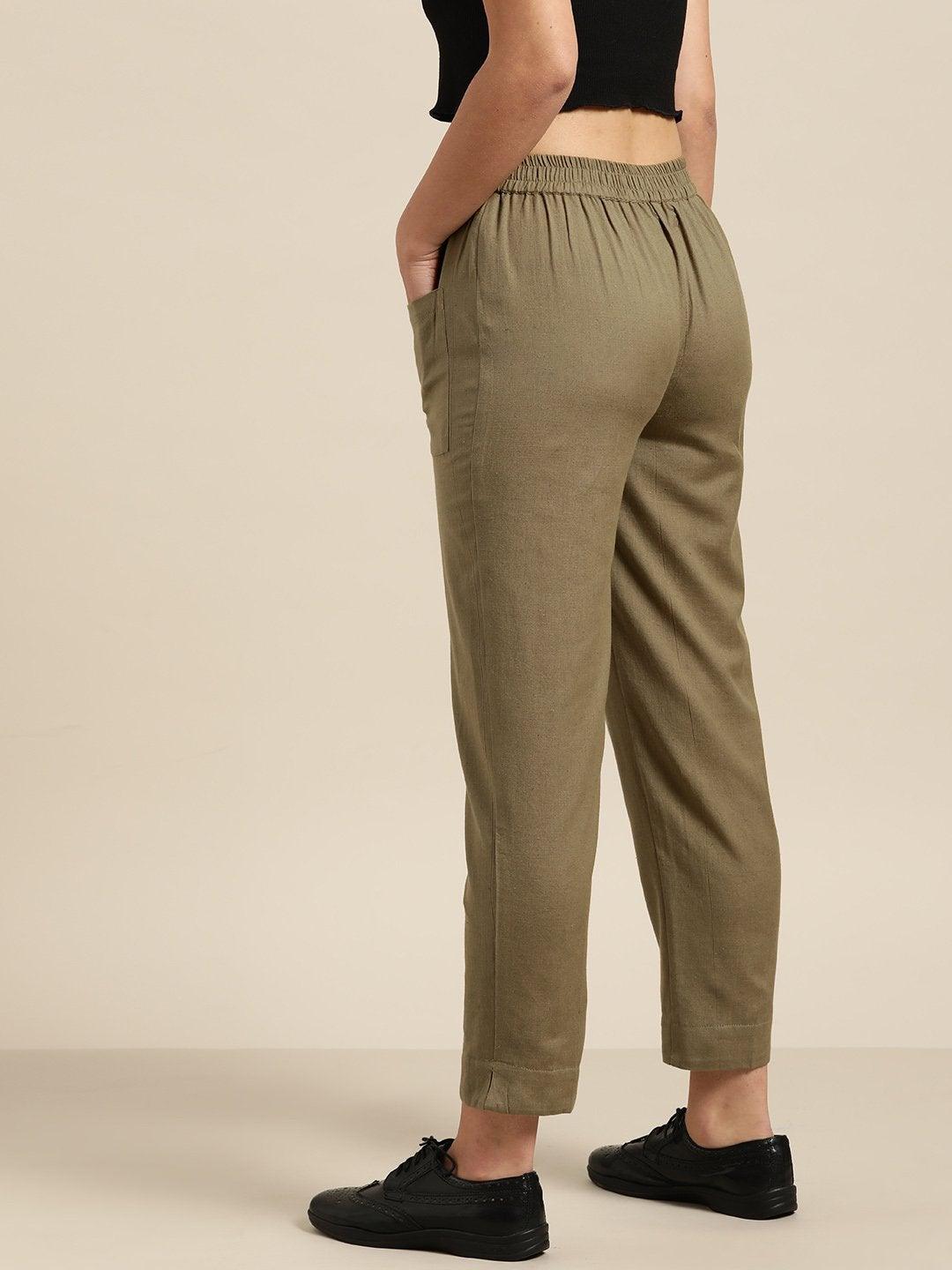 Women's Olive Patch Pocket Pants - SASSAFRAS - Indiakreations