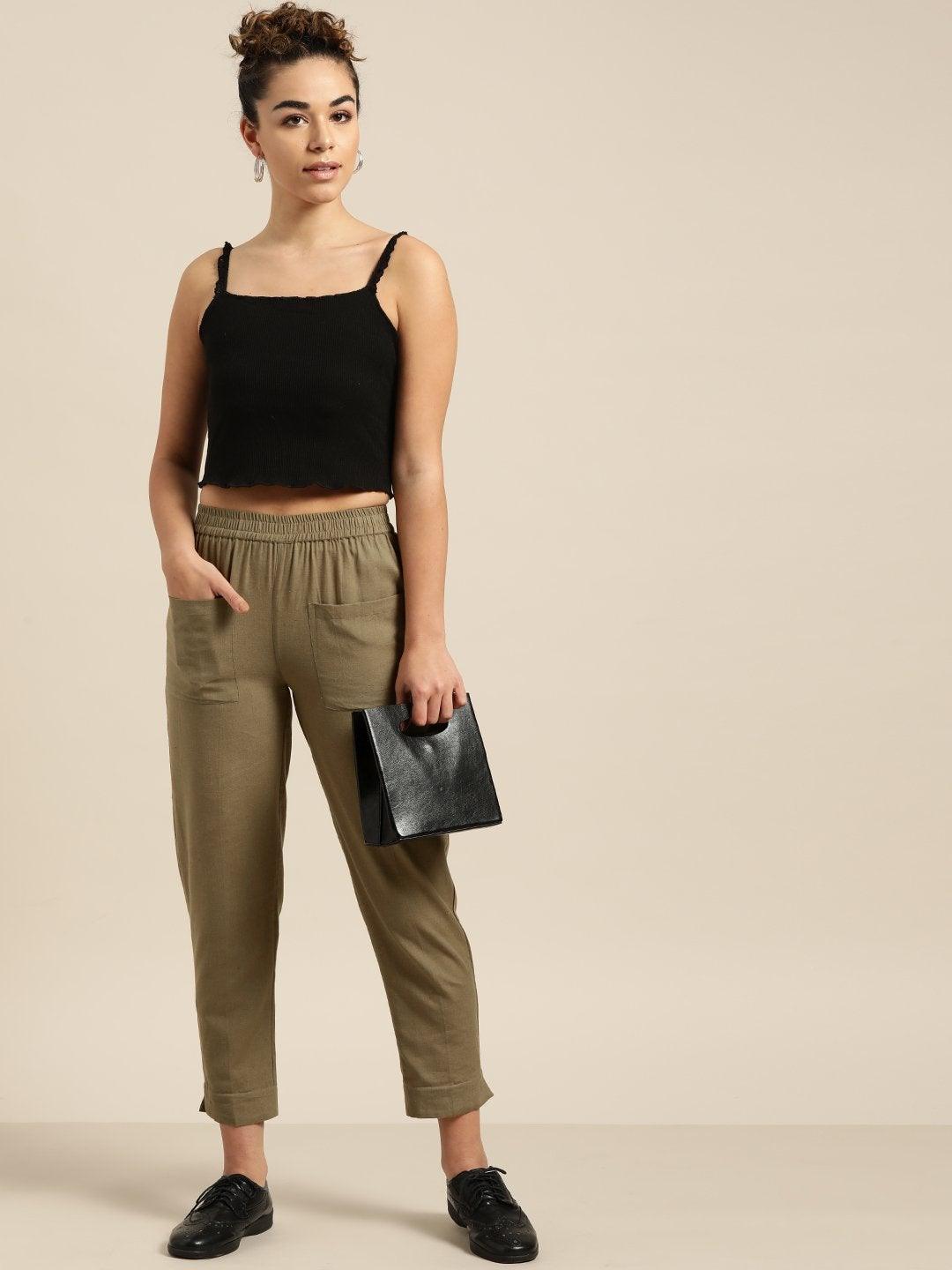 Women's Olive Patch Pocket Pants - SASSAFRAS - Indiakreations