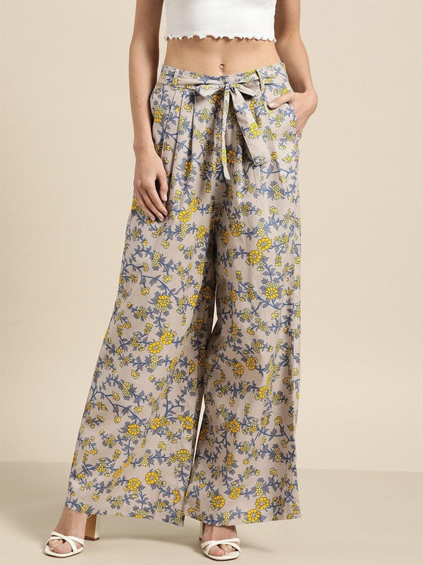 Women's Grey Floral Pleated Palazzo - SASSAFRAS - Indiakreations