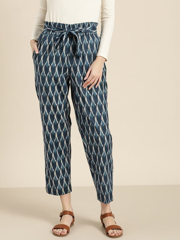 Women's Navy Ikat Paper Bag Pants - SASSAFRAS