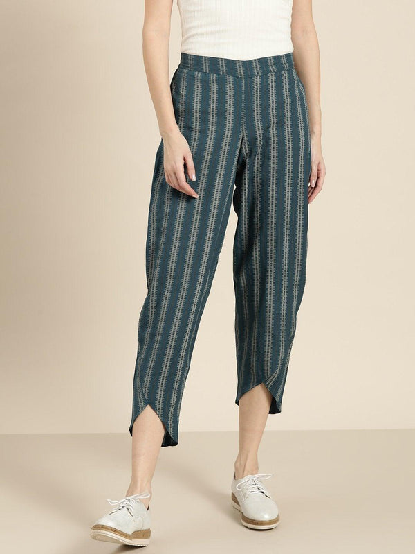 Women's Teal Striped Tulip Pants - SASSAFRAS - Indiakreations