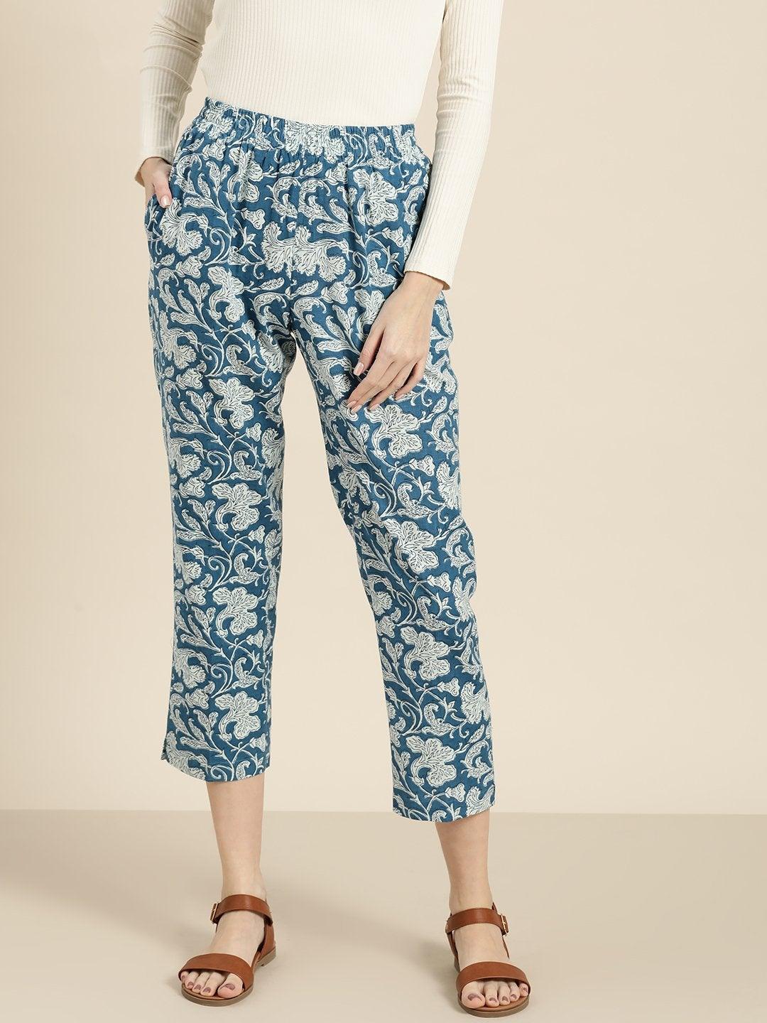 Women's Blue Floral Straight Pants - SASSAFRAS - Indiakreations