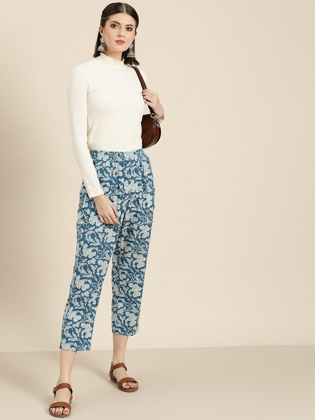 Women's Blue Floral Straight Pants - SASSAFRAS - Indiakreations