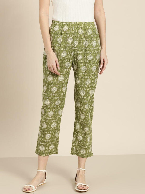 Women's Green Floral Straight Pants - SASSAFRAS - Indiakreations