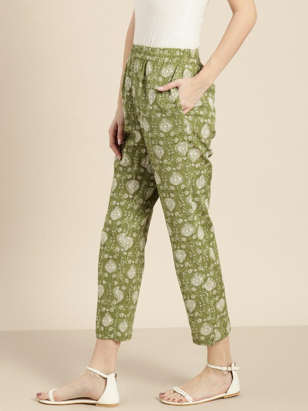 Women's Green Floral Straight Pants - SASSAFRAS - Indiakreations