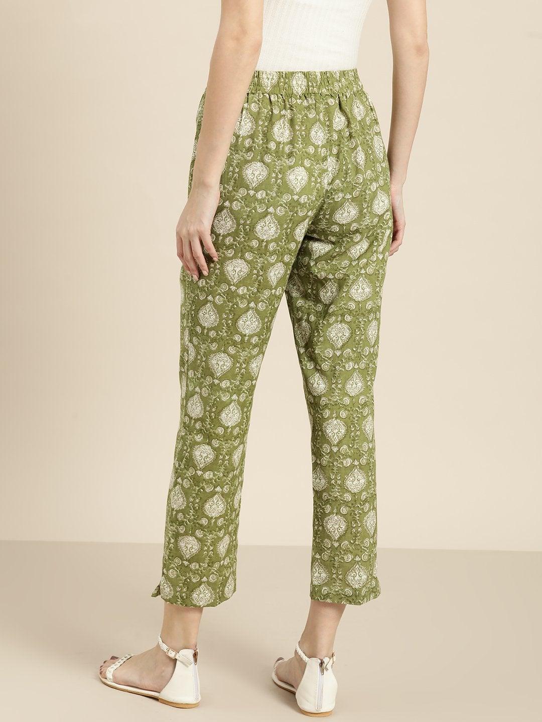 Women's Green Floral Straight Pants - SASSAFRAS - Indiakreations