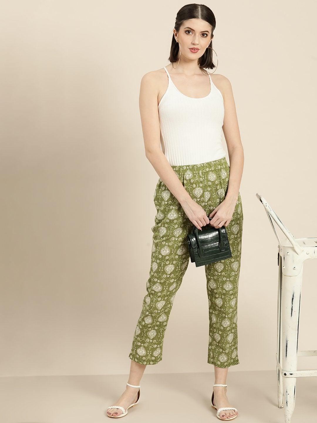 Women's Green Floral Straight Pants - SASSAFRAS - Indiakreations