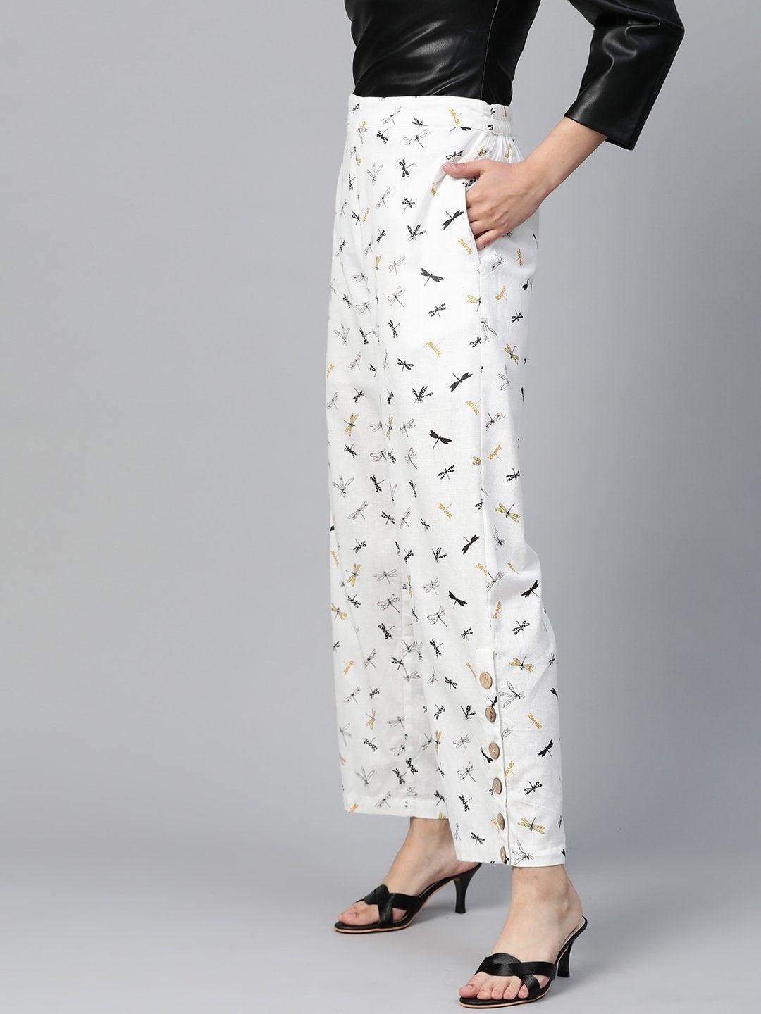 Women's White Drangonfly Print Side Button Palazzo - SASSAFRAS - Indiakreations