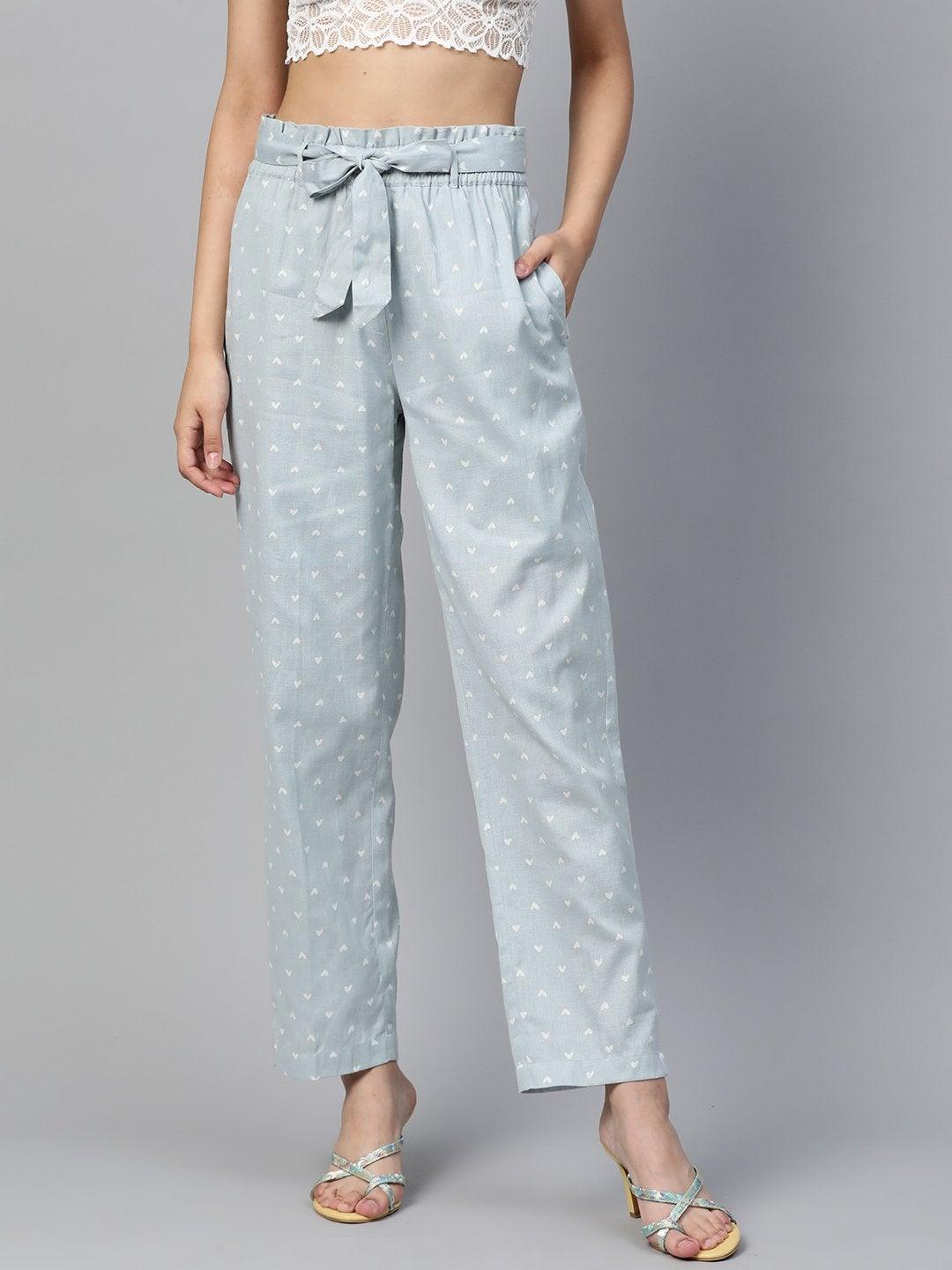 Women's Blue Heart Print Tapered Belted Pants - SASSAFRAS - Indiakreations