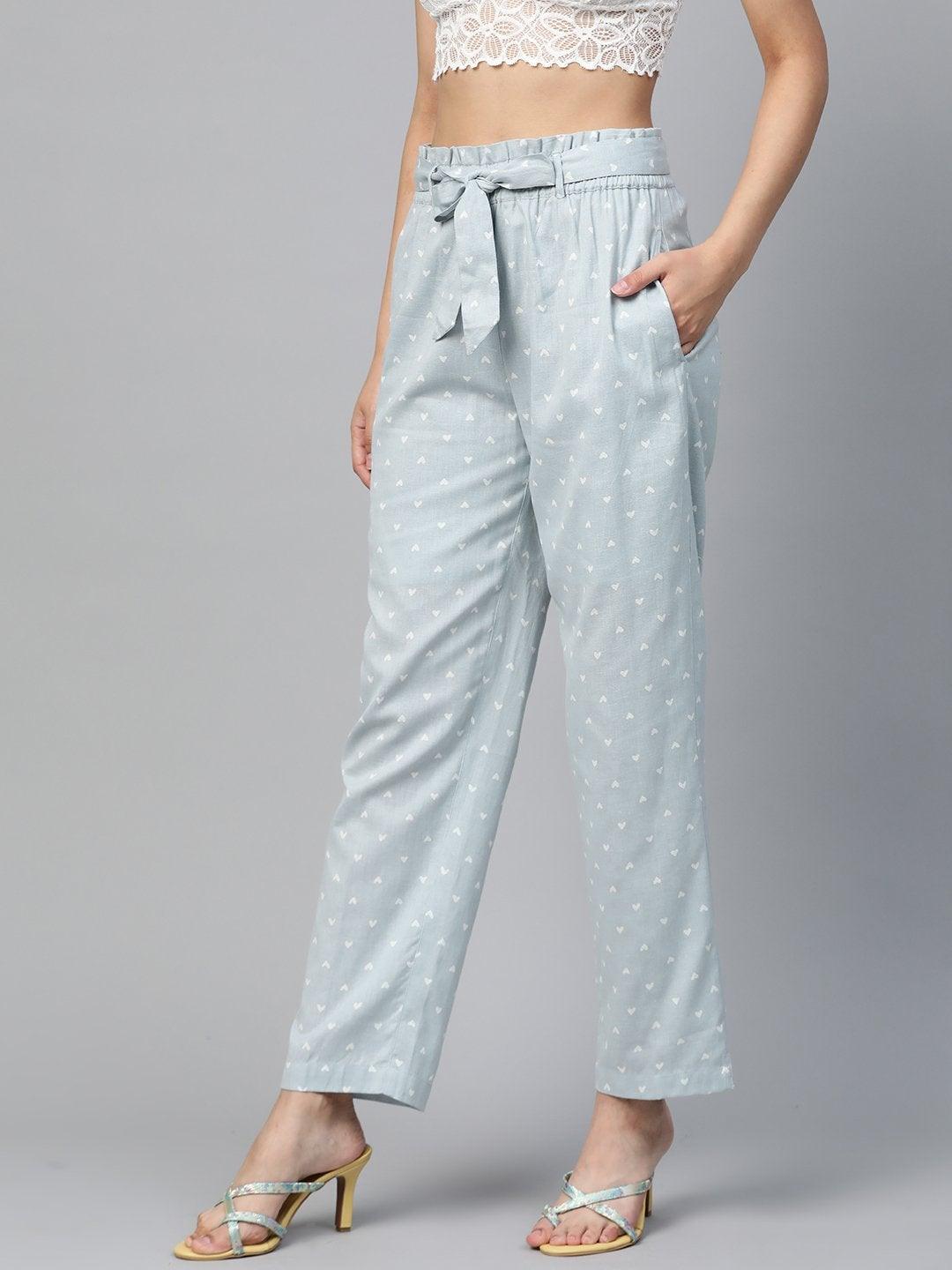 Women's Blue Heart Print Tapered Belted Pants - SASSAFRAS - Indiakreations