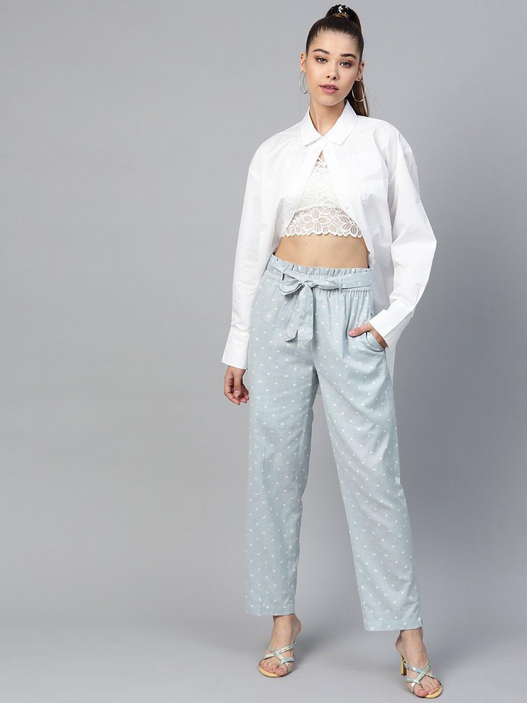 Women's Blue Heart Print Tapered Belted Pants - SASSAFRAS - Indiakreations