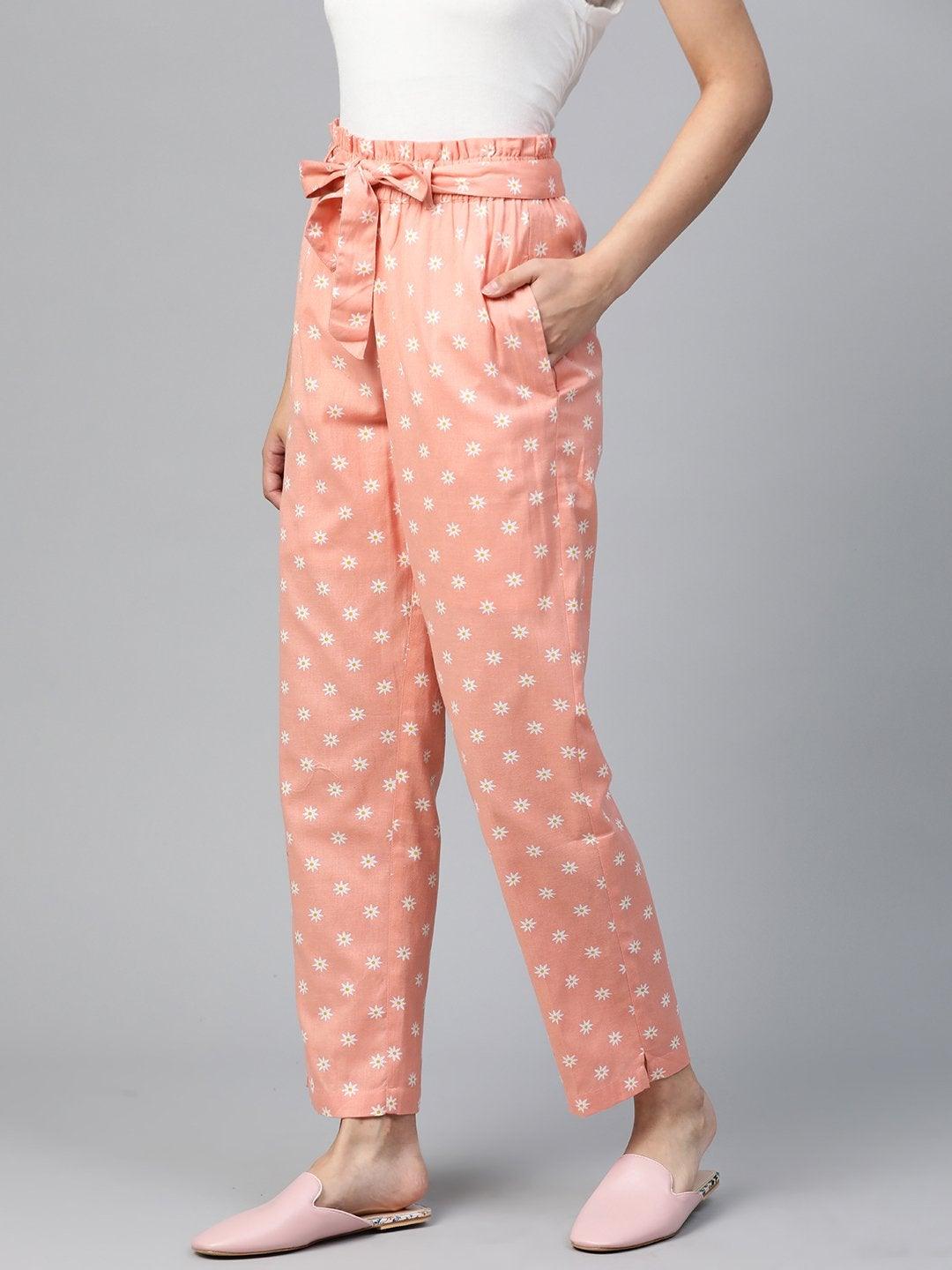 Women's Peach Floral Tapered Belted Pants - SASSAFRAS - Indiakreations