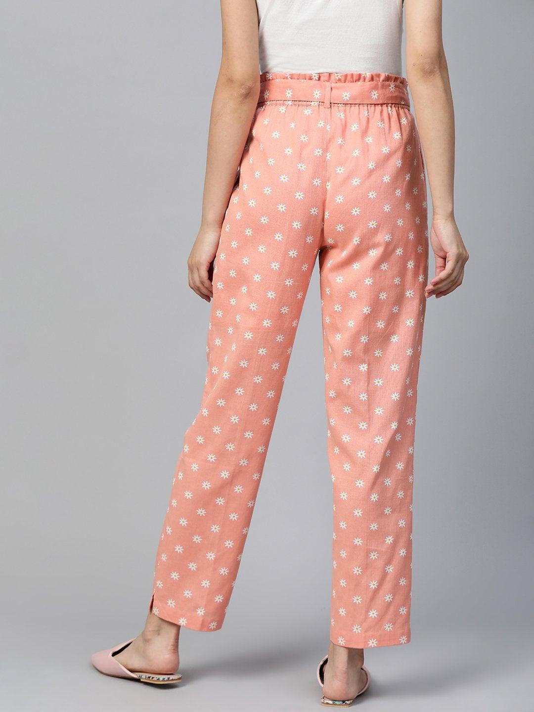 Women's Peach Floral Tapered Belted Pants - SASSAFRAS - Indiakreations