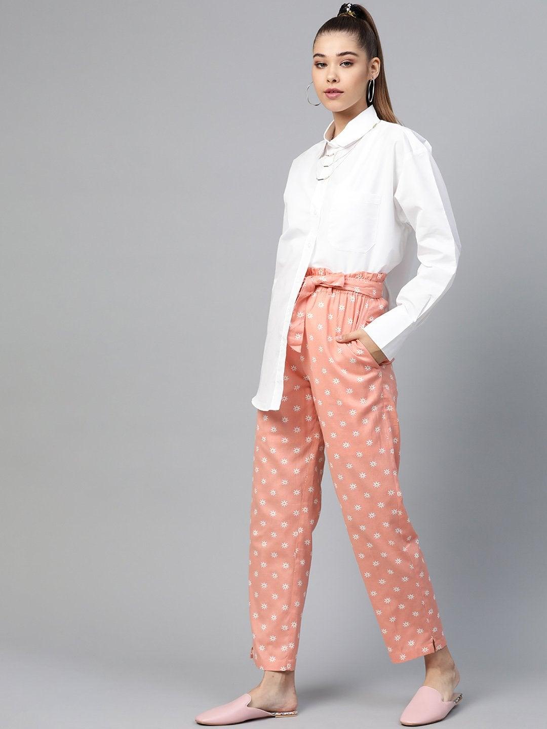 Women's Peach Floral Tapered Belted Pants - SASSAFRAS - Indiakreations