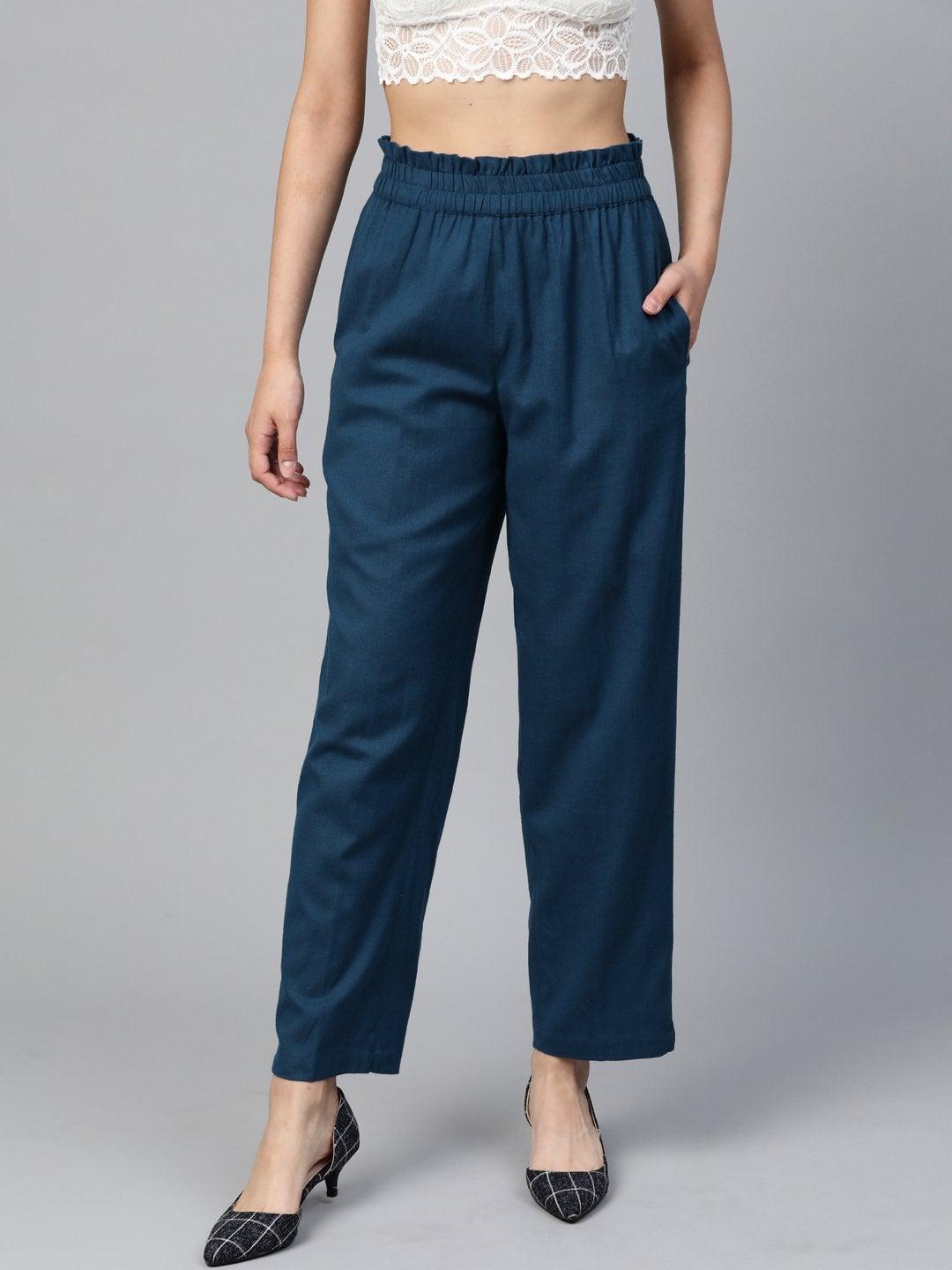 Women's Navy Paperbag Tapered Pants - SASSAFRAS - Indiakreations