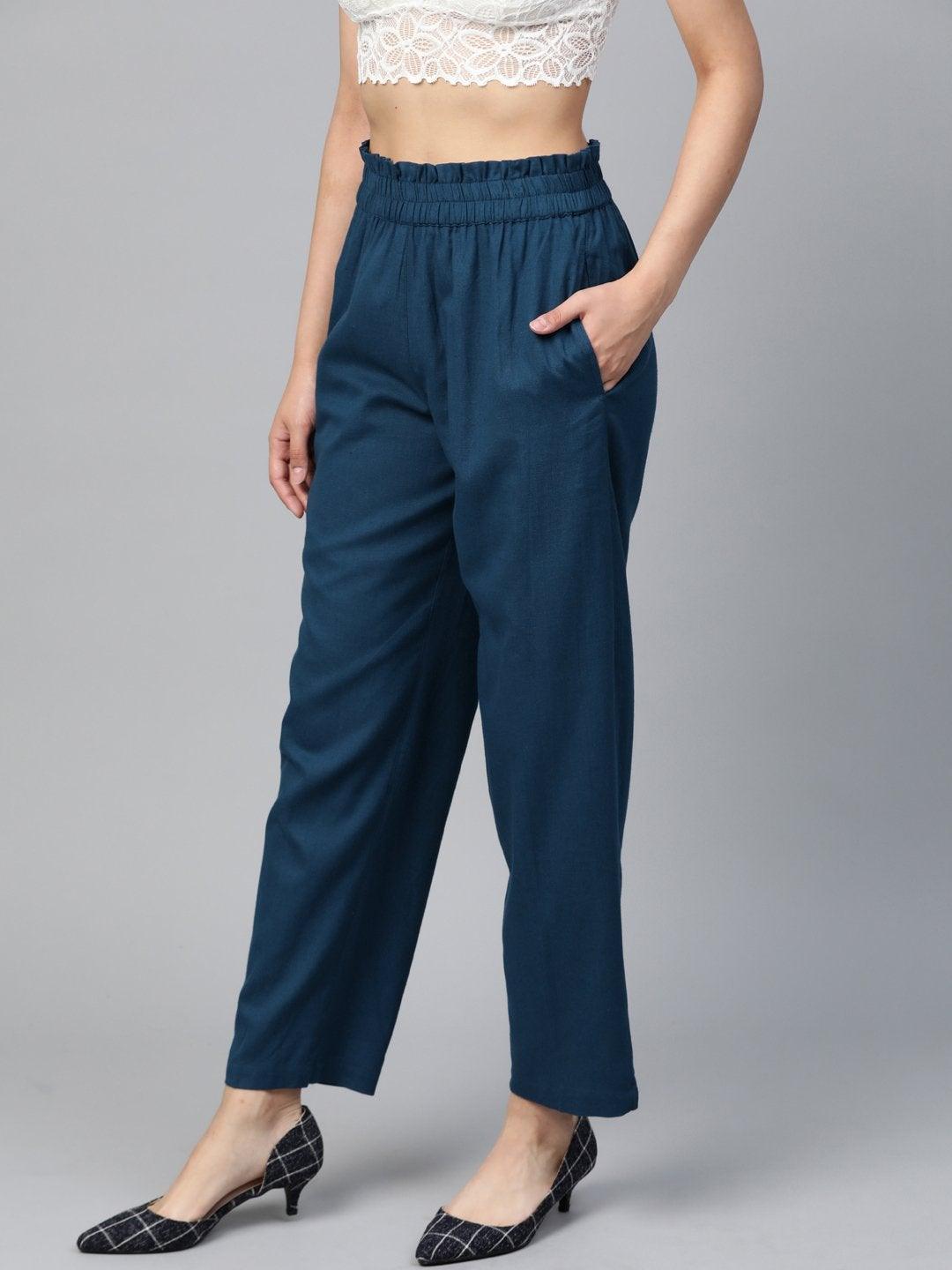 Women's Navy Paperbag Tapered Pants - SASSAFRAS - Indiakreations