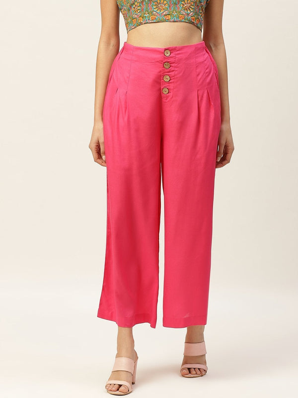 Women's Fuchsia Front Button Pleated Culottes - SASSAFRAS