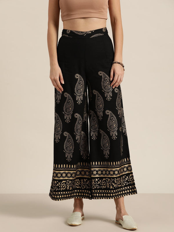 Women's Black Paisely Foil Print Flared Palazzo - SHAE