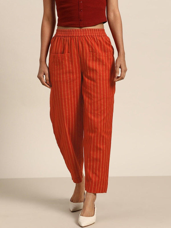 Women's Rust Stripes Over Patch Pocket Pants - SHAE - Indiakreations