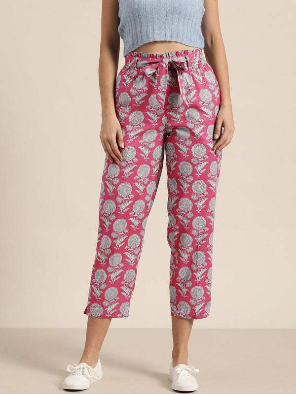 Women's Pink Floral Paperbag Waist Pants - SHAE - Indiakreations