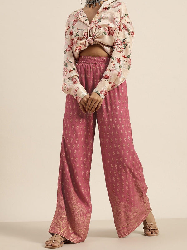 Women's Pink Foil Print Palazzo Pants - SHAE