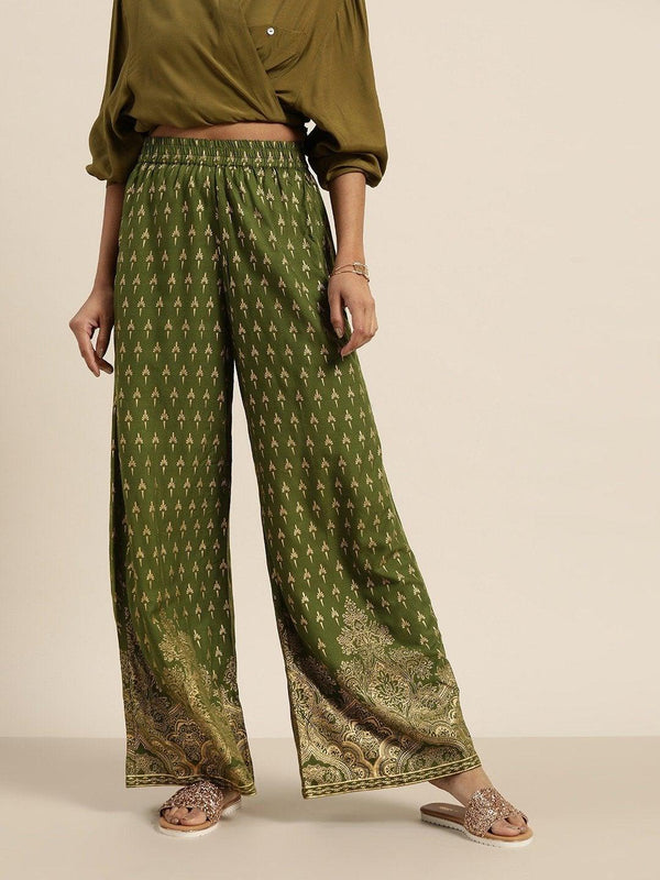 Women's Green Foil Print Palazzo Pants - SHAE - Indiakreations