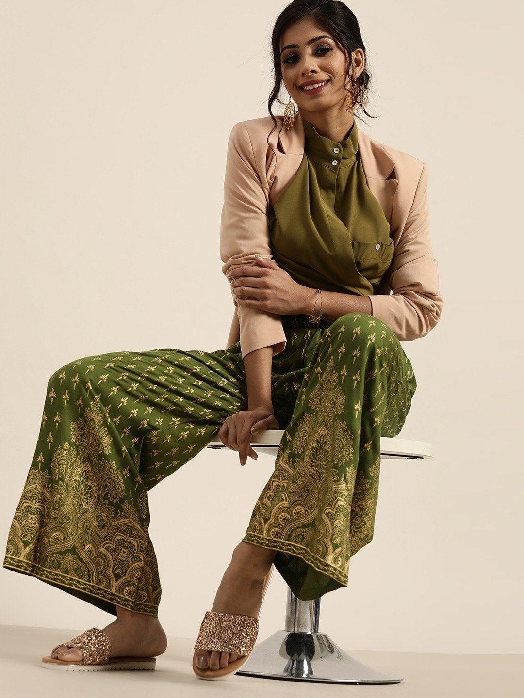 Women's Green Foil Print Palazzo Pants - SHAE - Indiakreations