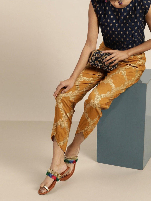 Women's Mustard Floral Foil Tulip Pants - SHAE - Indiakreations