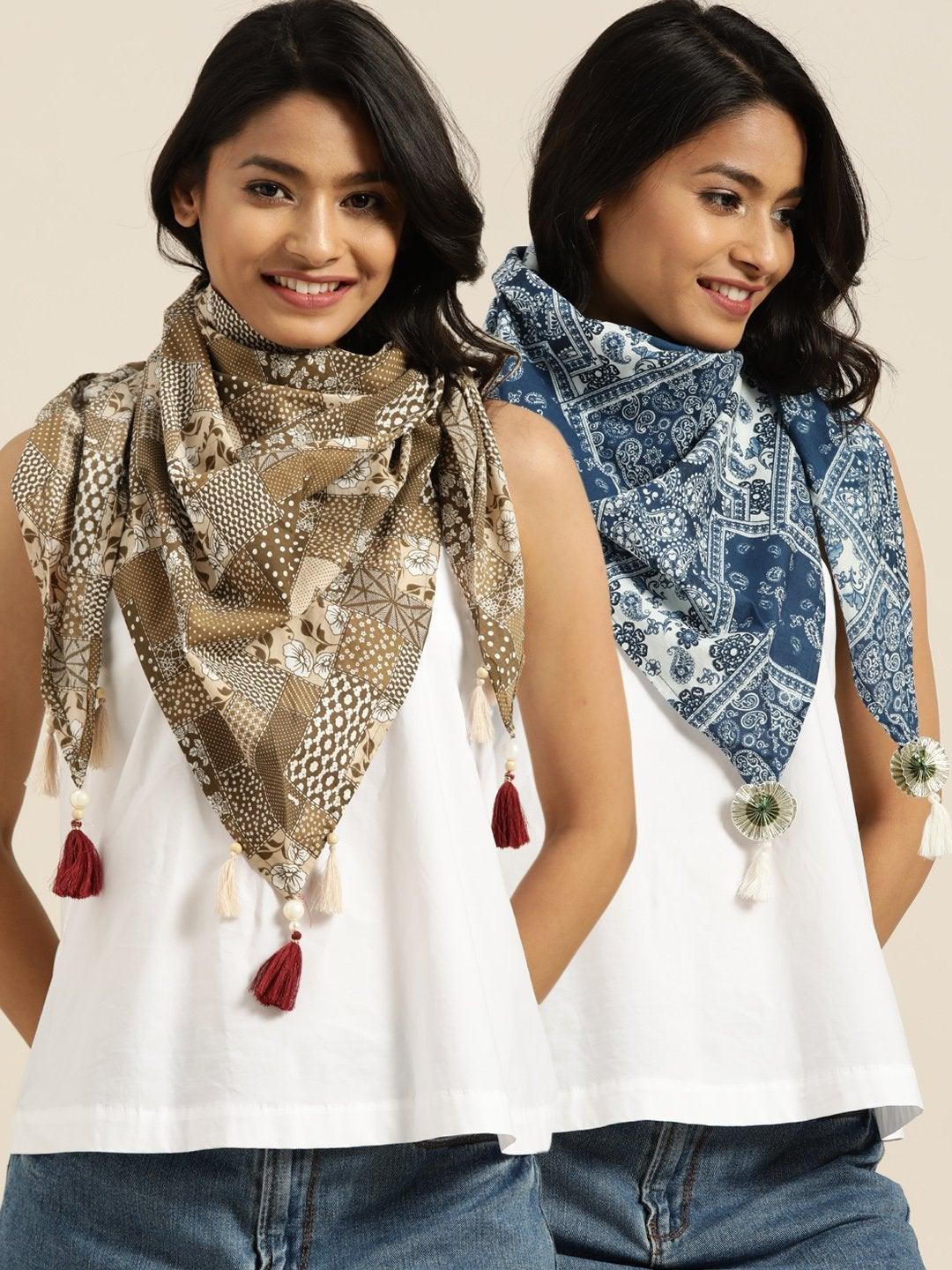 Women's Brown Floral Scarf & Navy Floral Scarf (Set Of 2) - SHAE - Indiakreations