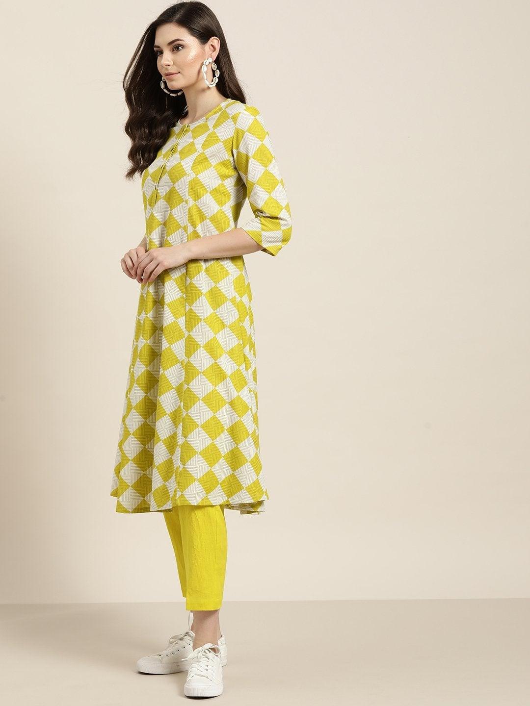 Women's Green Geo A-Line Kurta With Green Pants - SHAE - Indiakreations