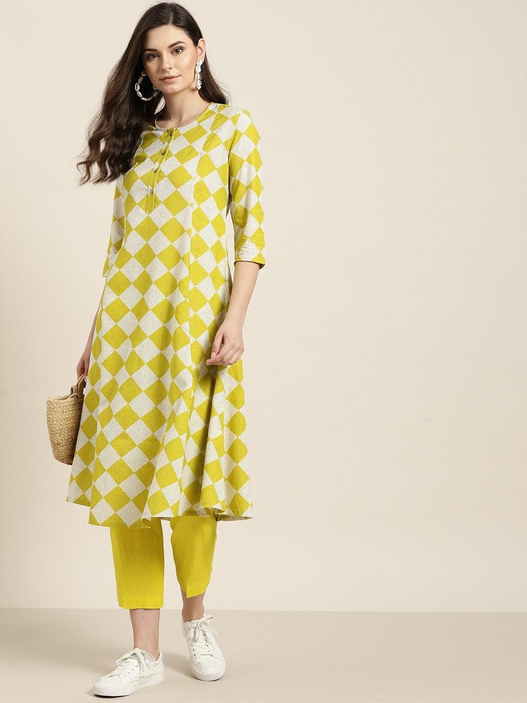 Women's Green Geo A-Line Kurta With Green Pants - SHAE - Indiakreations