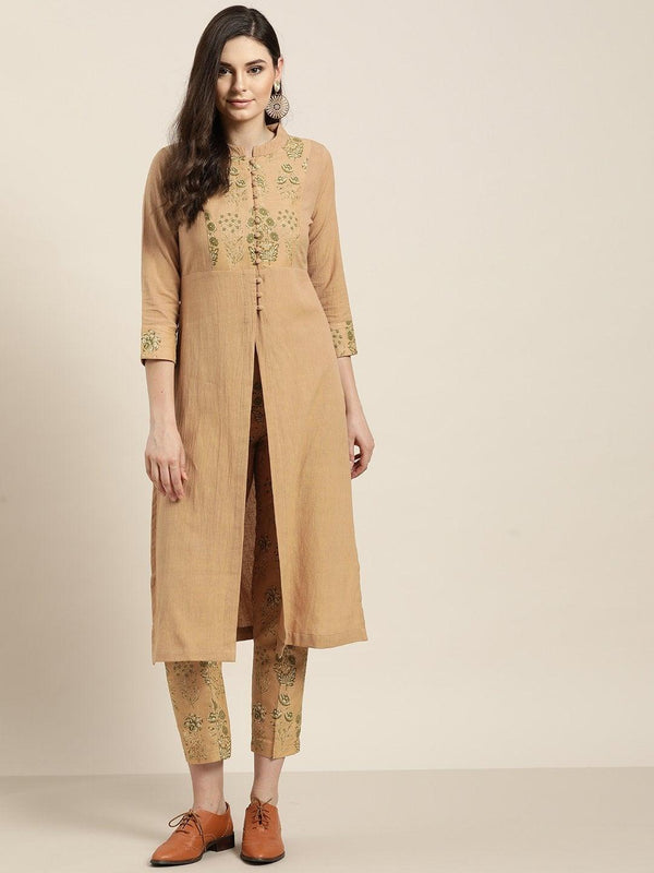 Women's Beige Yoke Kurta With Floral Pencil Pants - SHAE - Indiakreations