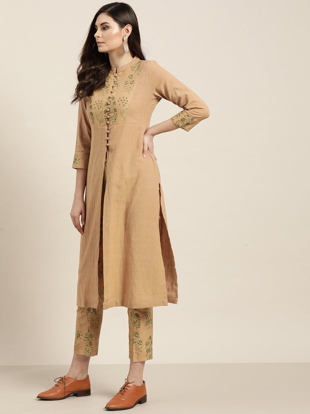 Women's Beige Yoke Kurta With Floral Pencil Pants - SHAE - Indiakreations