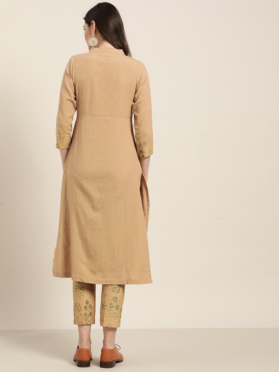 Women's Beige Yoke Kurta With Floral Pencil Pants - SHAE - Indiakreations