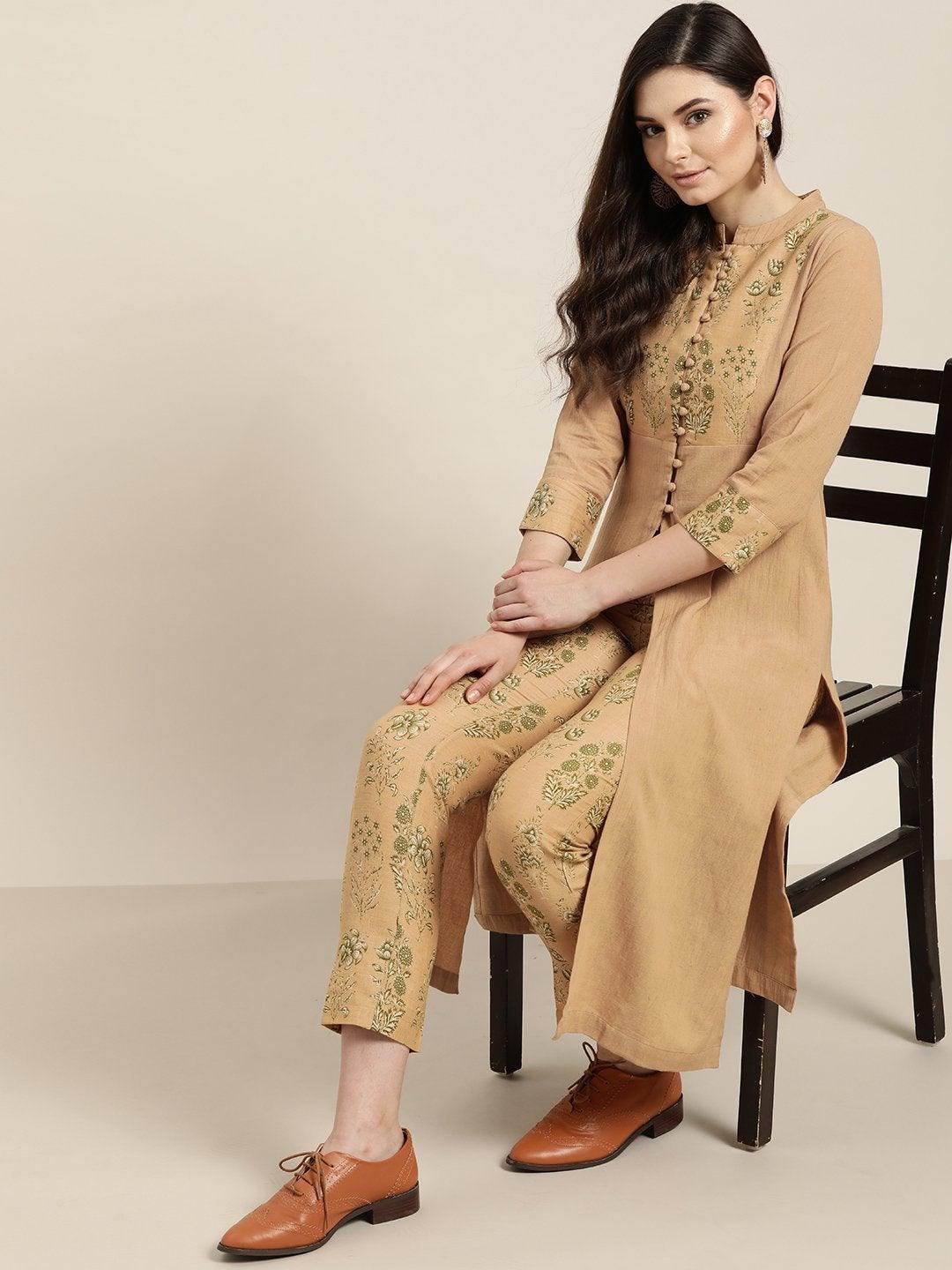 Women's Beige Yoke Kurta With Floral Pencil Pants - SHAE - Indiakreations