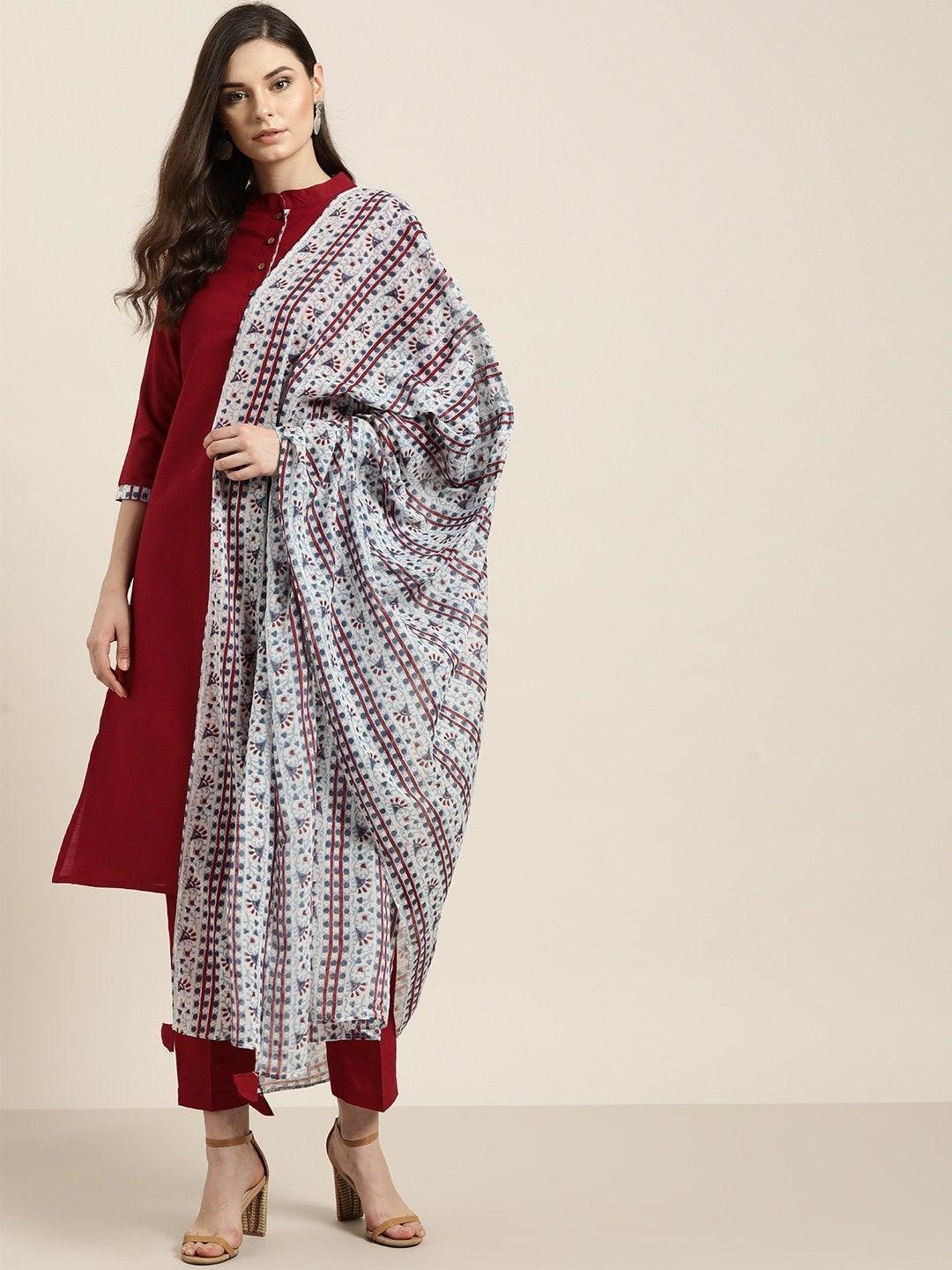 Women's Maroon Kurta With Pants And Blue Printed Dupatta - SHAE - Indiakreations