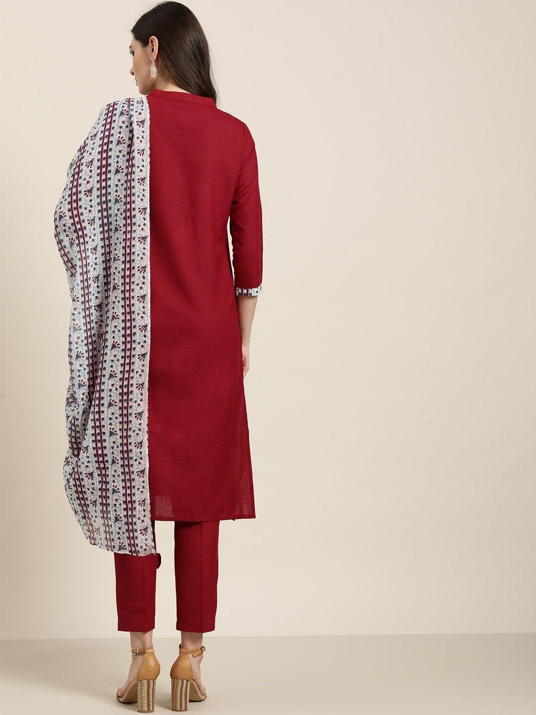 Women's Maroon Kurta With Pants And Blue Printed Dupatta - SHAE - Indiakreations