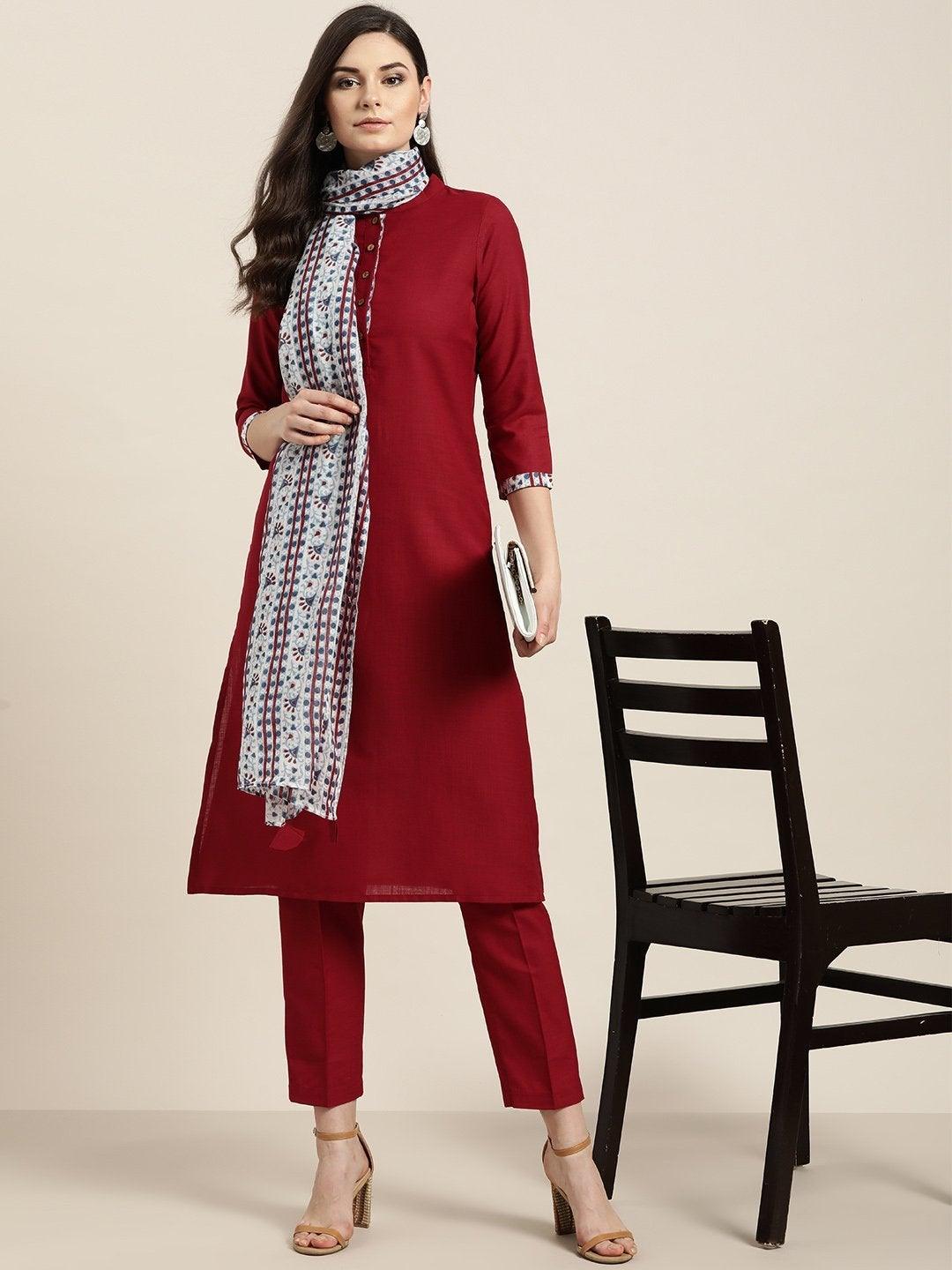 Women's Maroon Kurta With Pants And Blue Printed Dupatta - SHAE - Indiakreations