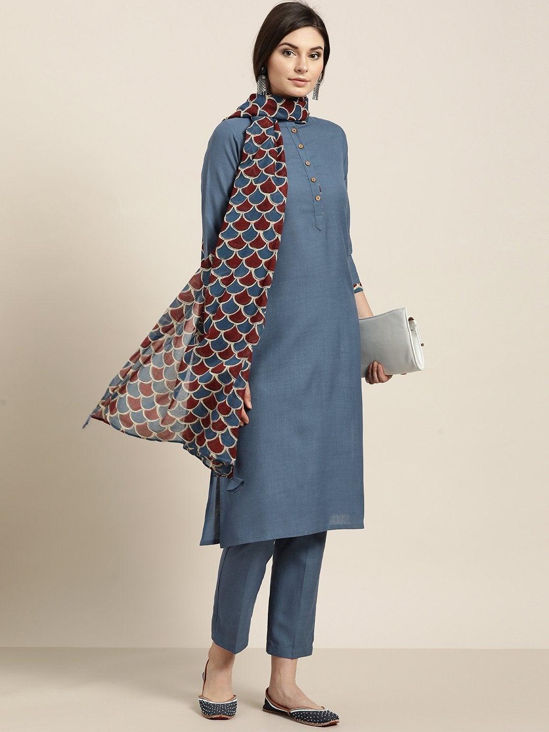 Women's Blue Kurta Set With Pants And Blue Printed Dupatta - SHAE - Indiakreations