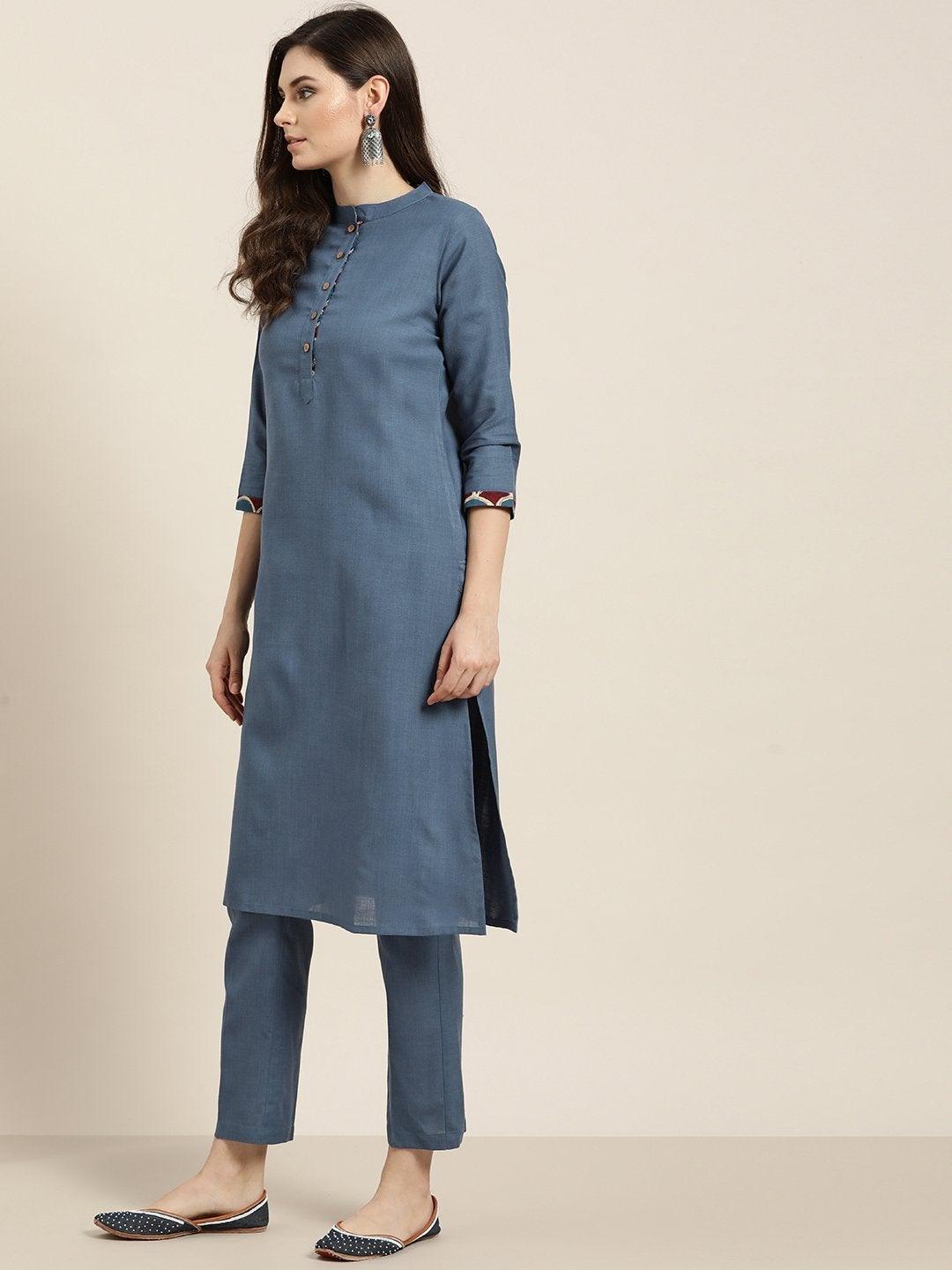 Women's Blue Kurta Set With Pants And Blue Printed Dupatta - SHAE - Indiakreations