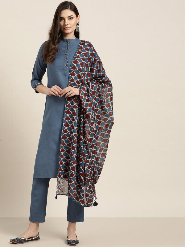 Women's Blue Kurta Set With Pants And Blue Printed Dupatta - SHAE - Indiakreations